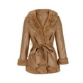 thumbnail image 3 of Lovskoo Women's Faux Leather Jacket with Faux Fur Hem Long Sleeve Thick Warm Parka with Pockets Warm Winter Coat with Belt Brown, 3 of 6