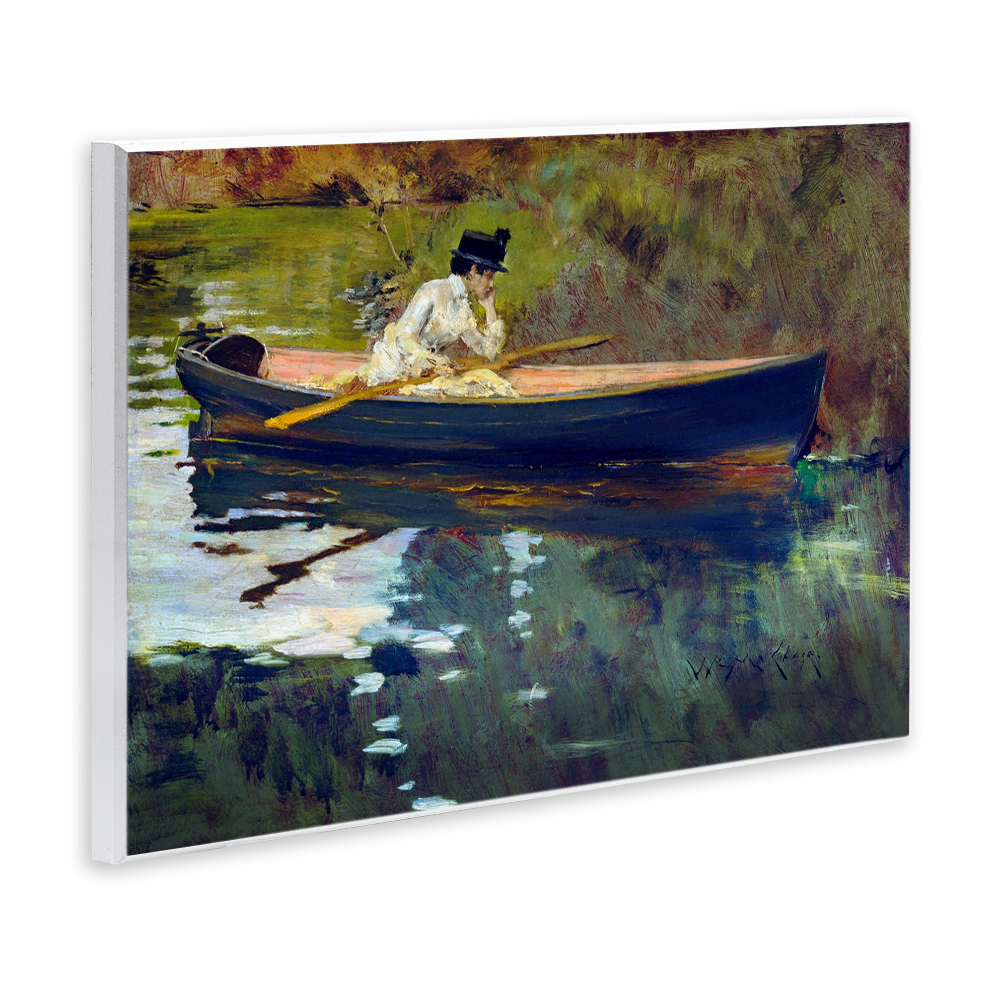 Stupell Industries Thoughtful Woman on Canoe Novelty Painting Unframed Art Print Wall Art, 15 x 10