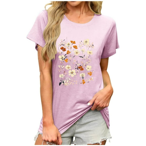 JSheng Summer Casual Tops for Women Loose Fashion Print Short Sleeve Round-Neck Tops for Women Comfortable Pink L