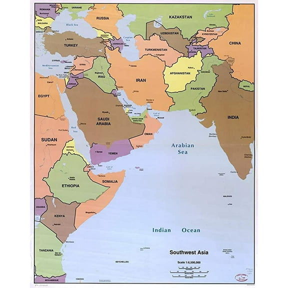 Iconic Arts Laminated 24x30 Poster: Large Scale Political map of Southwest Asia with Capitals - 1996 Southwest Asia Asia