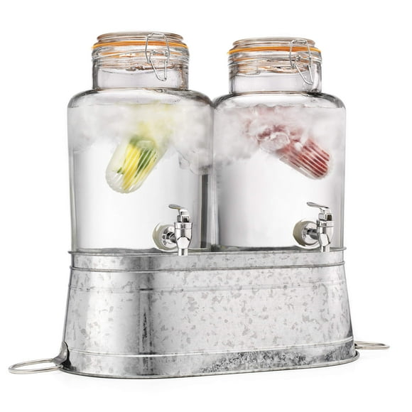 Classic Home Two (2) 1 Gallon Each Quality Ice Cold Clear Glass Jug Beverage Dispensers Hermetic Seal Galvanized Stand Display