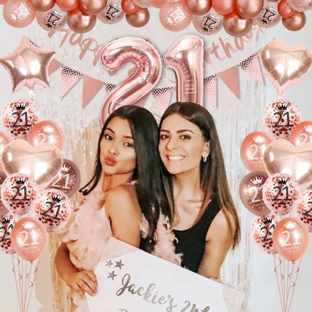 AYUQI 21st Birthday Decorations for Girls, Rose Gold Happy Birthday Party Supplies with Birthday Bunting Banner, Rose Gold Confetti Latex Balloons, Number 21 Crown Wine Bottle Foil Balloons