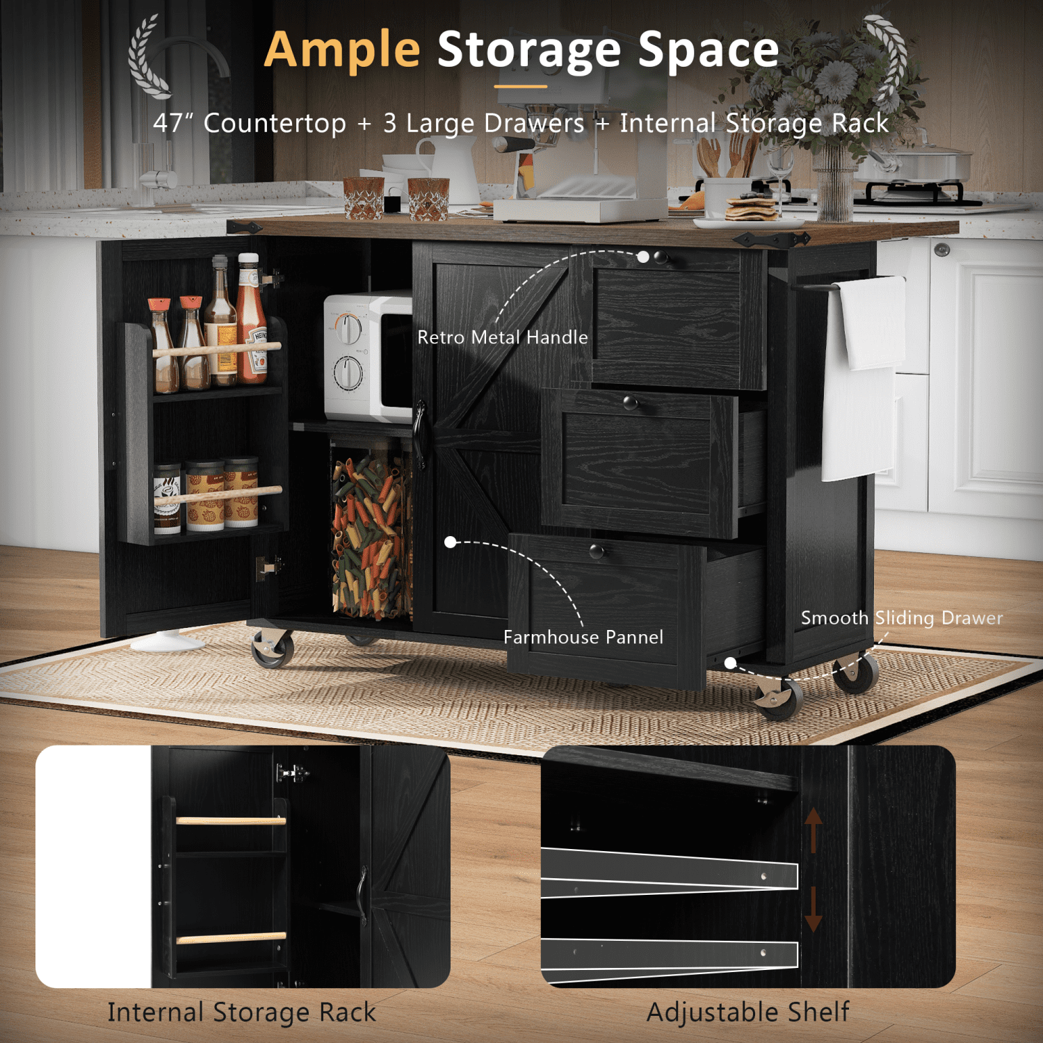 Harper & Bright Designs Farmhouse Kitchen Island with Power Outlet, Kitchen Storage Island with Drop Leaf, Rolling Kitchen Cart on Wheels with Internal Storage Rack, Spice Rack, Black
