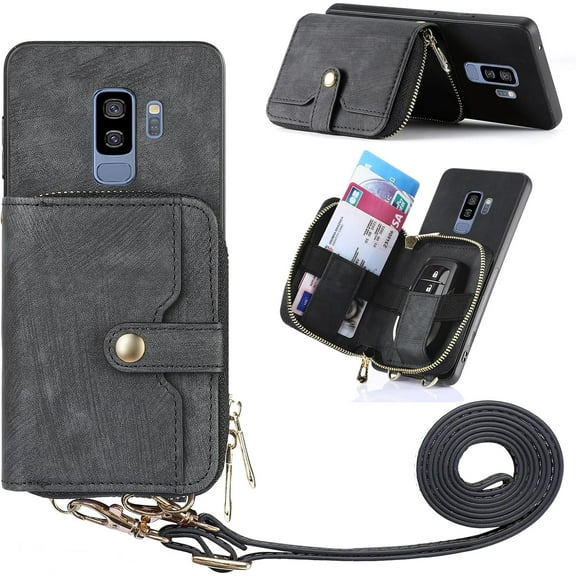 Phone Case for Samsung Galaxy S9 Plus Zipper Wallet Cover with Credit Card Holder Slot Shoulder Crossbody Strap Long Lanyard Leather Cell Silicone S9 9S 9 S 9 9plus S9plus Women Girls Black