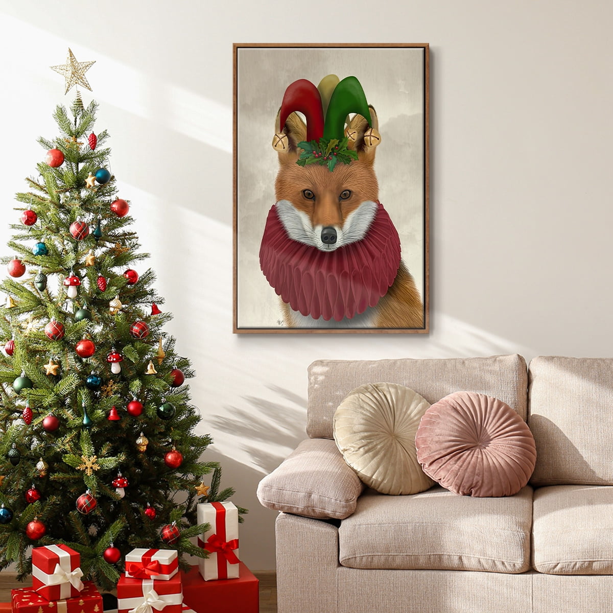 Christmas Foxy Christmas Fool - Framed Gallery Wrapped Holiday Canvas - 27 x 41 - Rosewood Frame