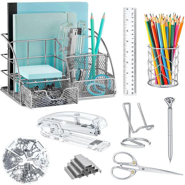 Set de organizador de escritorio KAAKOW, kit de suministros de oficina color plata