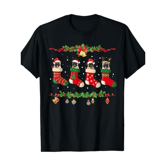 Christmas Pug Sweater - 100% Cotton T-Shirt - 220g Stocking Dog Xmas Shirt