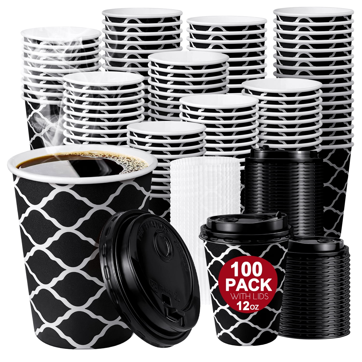 KPX 100 Pack Disposable Paper Cups with Lids (12oz) Hot Cups Bulk