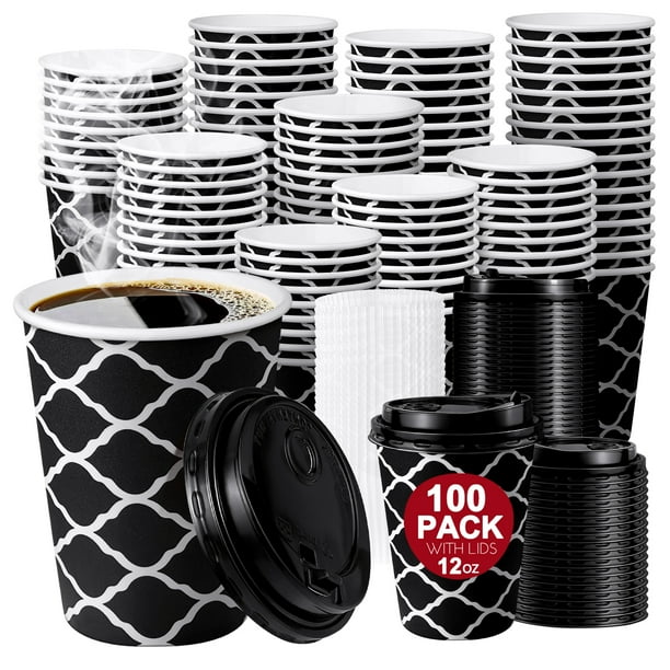 KPX 100 Pack Disposable Paper Cups with Lids (12oz) Hot Cups Bulk