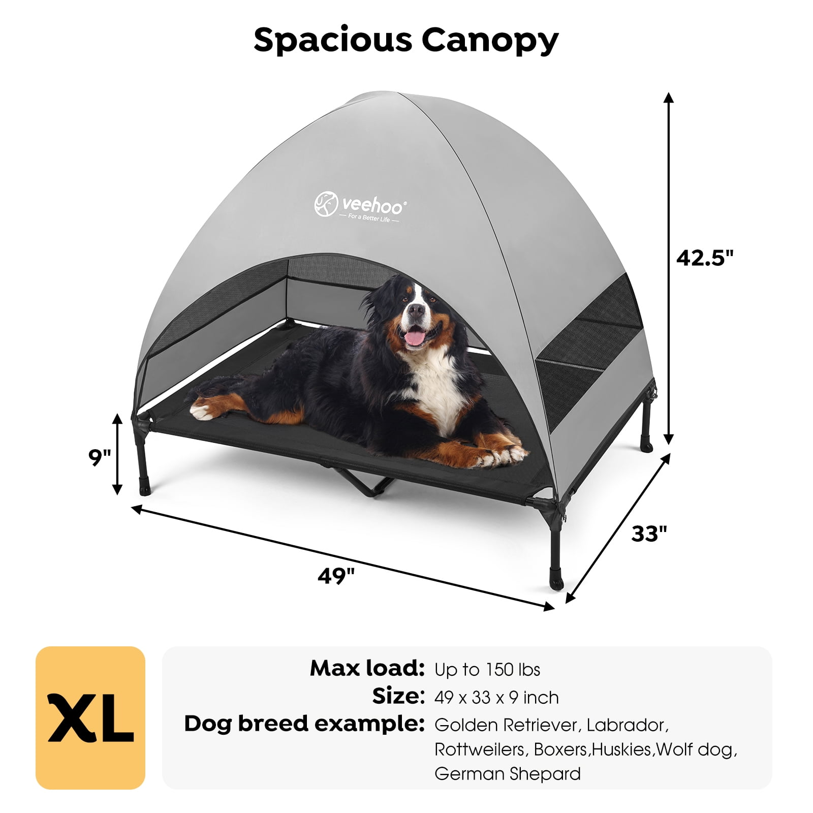 Veehoo Outdoor Dog Bed with Removable Canopy, Cooling Elevated Dog Cot Bed, XLarge, Black + Grey