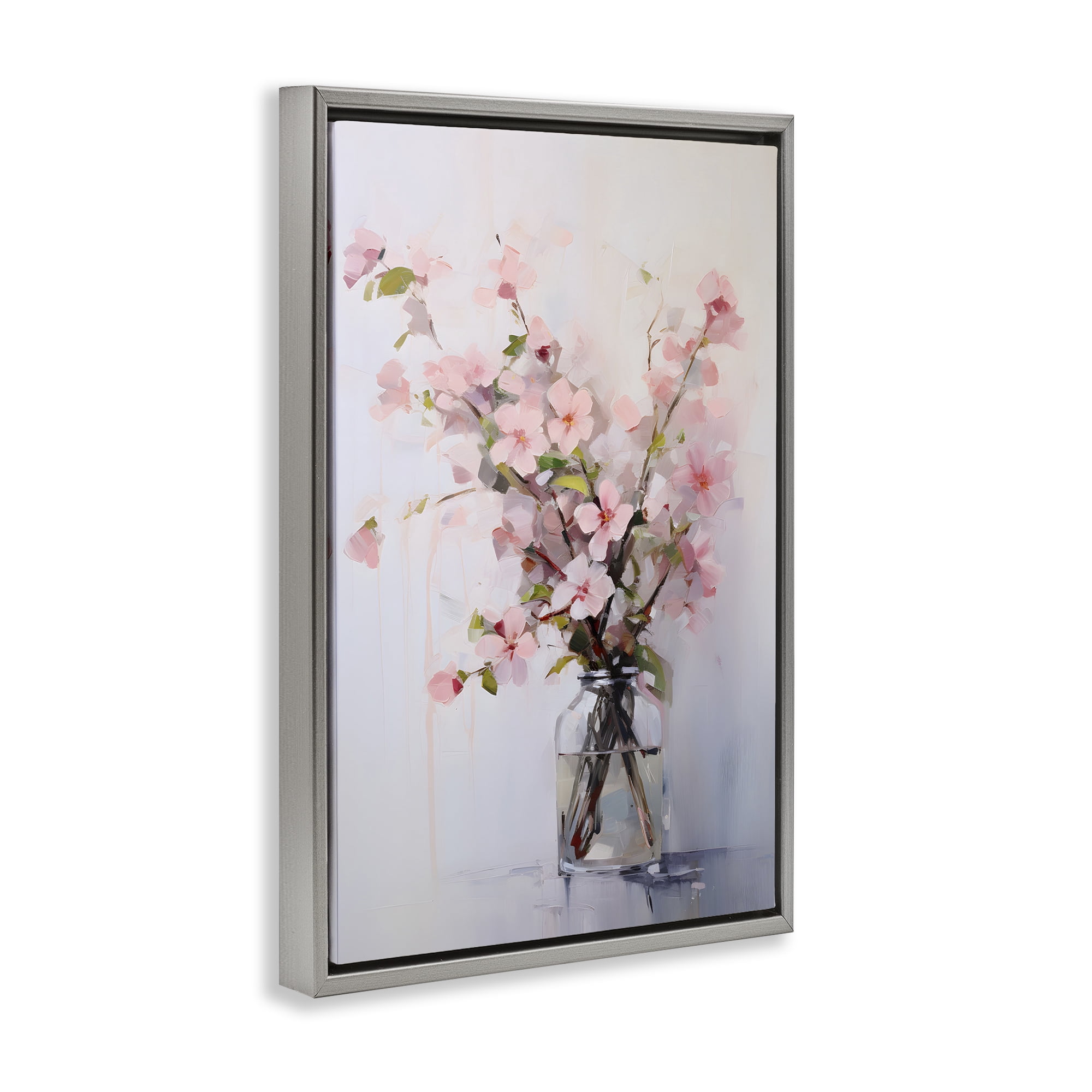 Stupell Industries Soft Sakura Vase Botanical & Floral Painting Gray Floater Framed Art Print Wall Art, 17 x 25