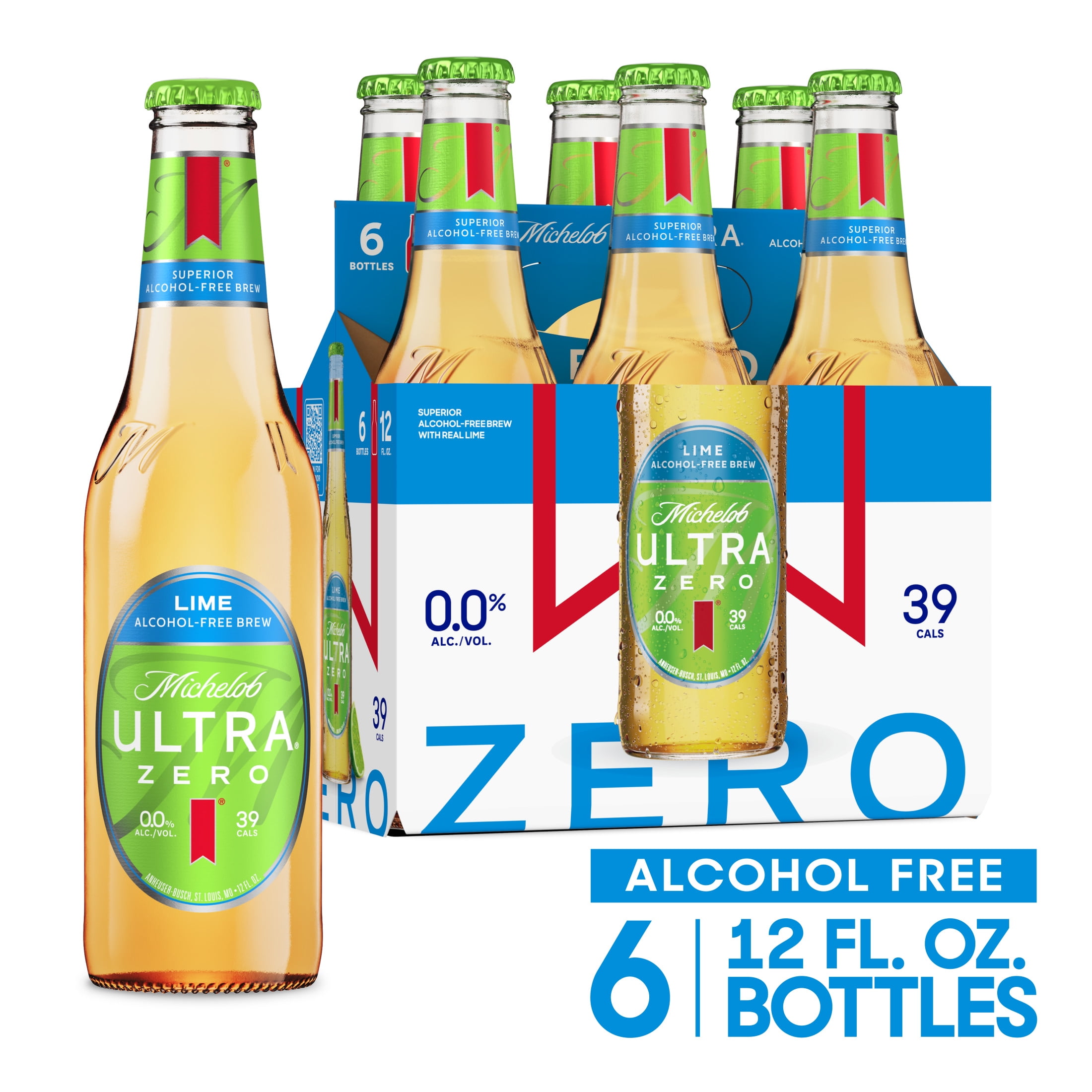 Michelob Ultra Zero Lime Non-Alcoholic American Lager Beer, 6 Pack, 12 fl oz Glass Bottles, 0% ABV