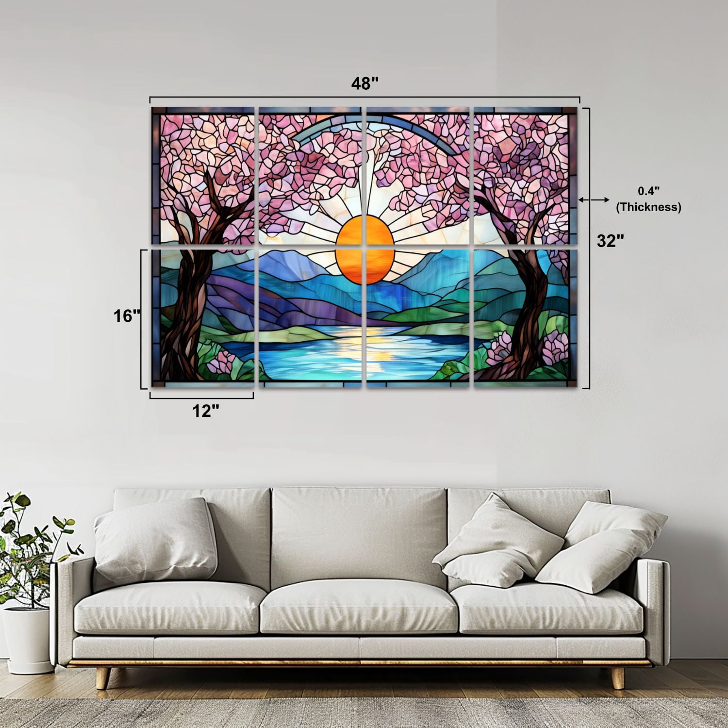 Stained Glass Style 8 Pack Art Acoustic Panels Sound Absorbing Cherry Blossom Trees Mountain Decorative Soundproof Wall Panels Self Adhesive for Nursery Game Room Bedroom 48"x32"