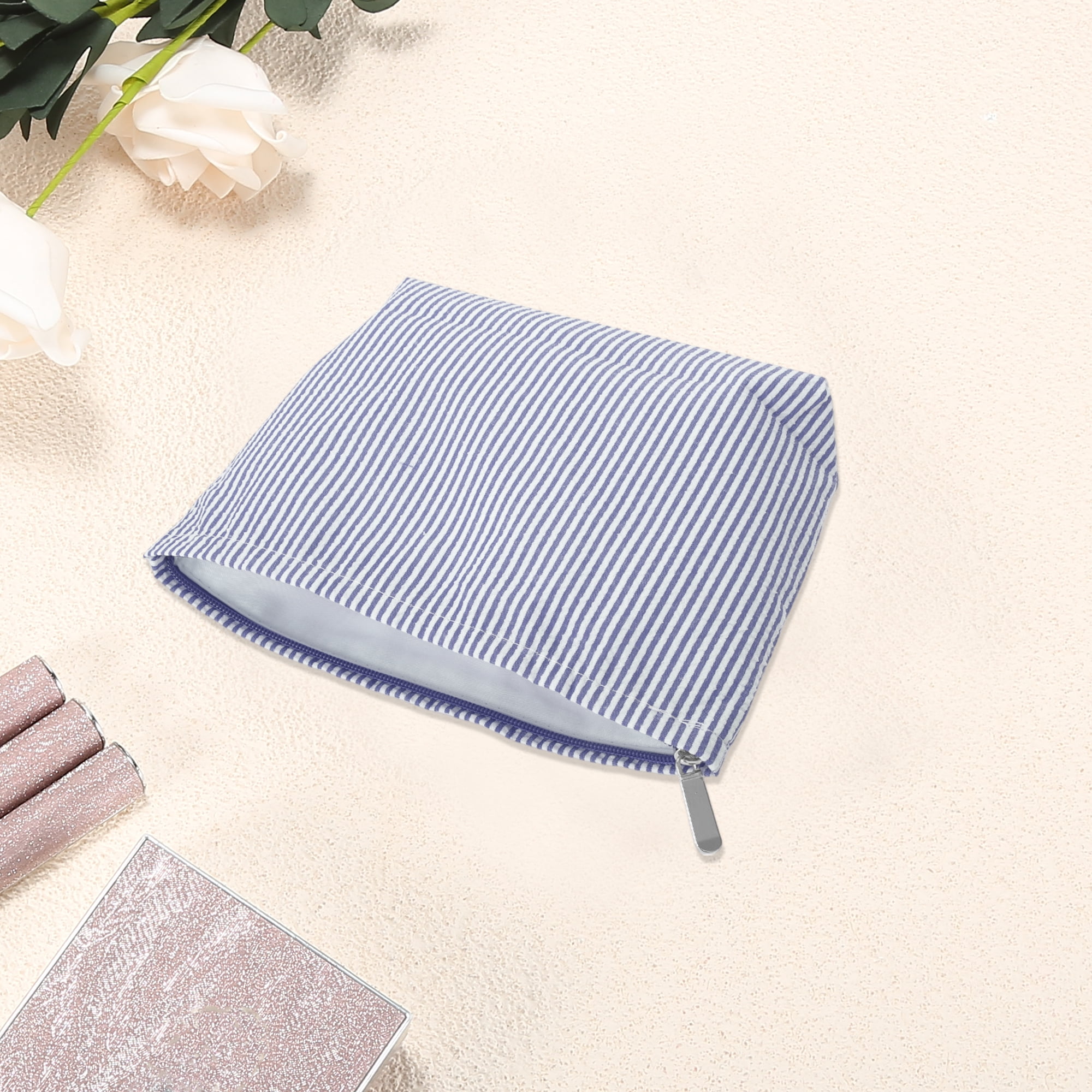 Unique Bargains 1 Pc Seersucker Stripes Makeup Bag Navy Blue