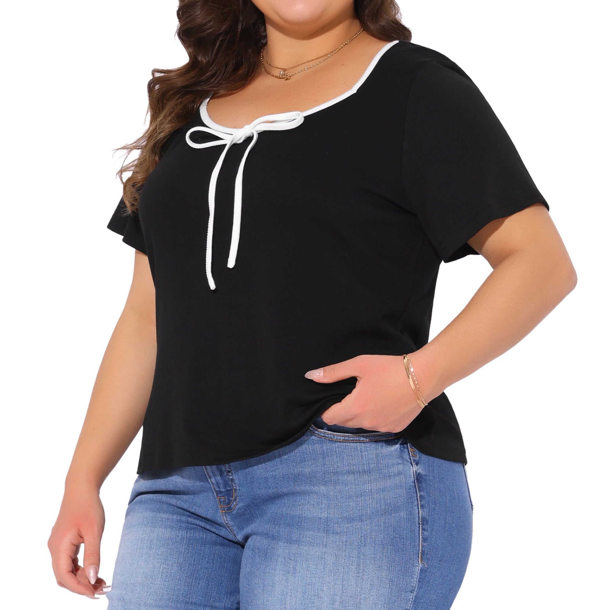 Women's Plus Blouse Sweetheart Neck Contrast Trim Tie Knot Short Sleeve Tee 2X Black