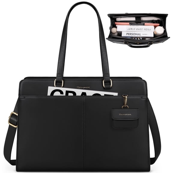 RAINSMORE Laptop Bag for Women 15.6 inch Laptop Tote Briefcase Waterproof Leather Computer Bag Work Tote Bags,Black