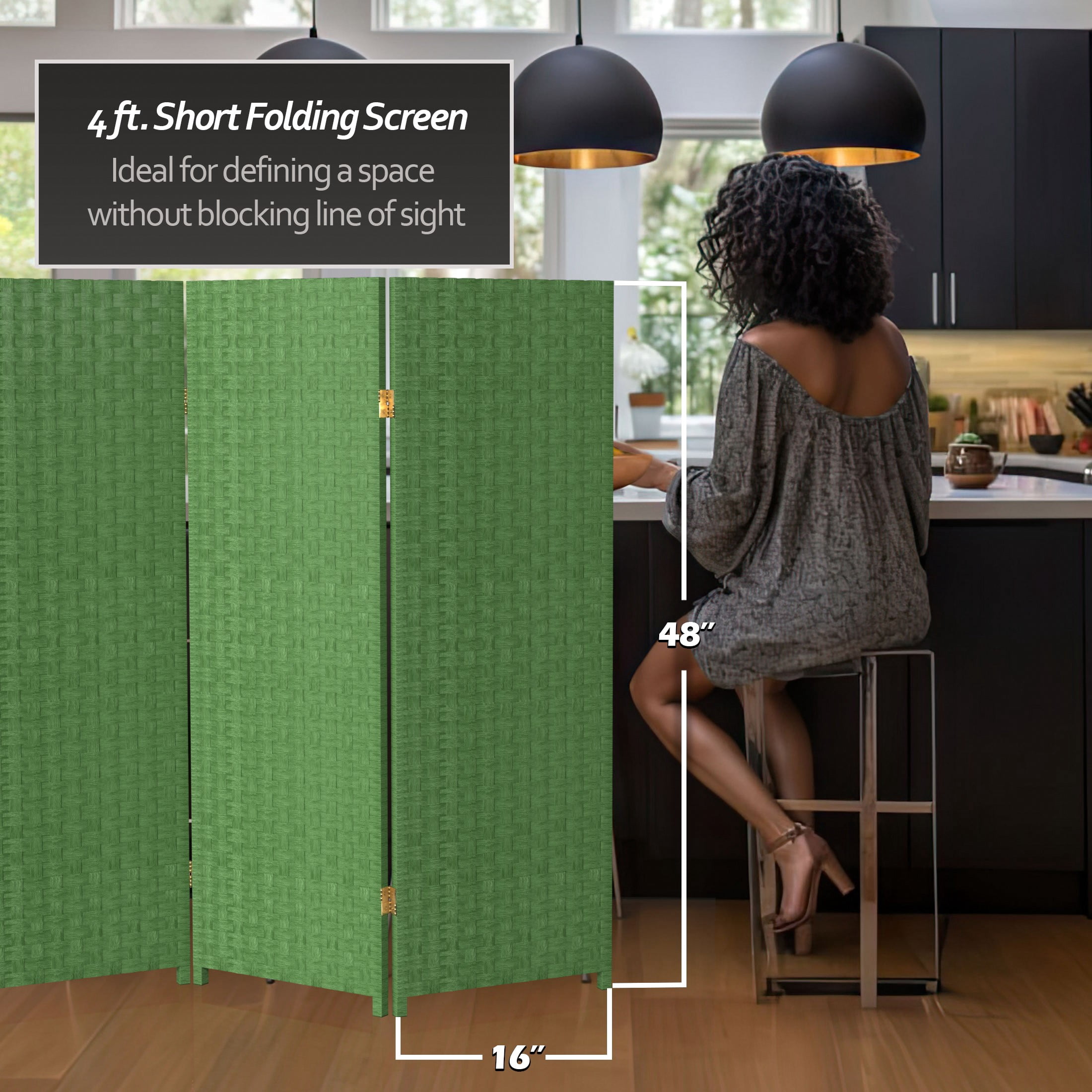Red Lantern 4 ft. Short Woven Fiber Folding Screen - Light Green - 6 Panel