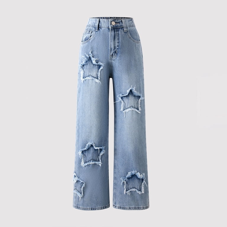Ketyyh-chn99 Teen Girl Jeans Kids Cargo Denim Jeans Straight Wide