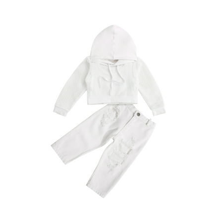 

Sunisery 3Pcs Fashion Baby Girls Clothes Long Sleeve Hollow Out Hoodies Tops+Vest+Ripped Hole Pants Sets White 12-18 Months