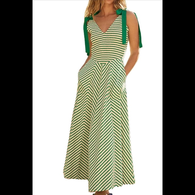 Vestido Informal de Verano para Mujer, con Escote en V Fruncido, A Rayas, Sin Mangas, y Holgado, con Bolsillos. Verde XL
