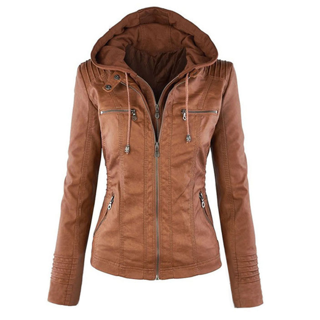 Women Faux Leather Short for Jacket with Detachable Hood Motorcycle Zip Up Outwe - image 1 of 19