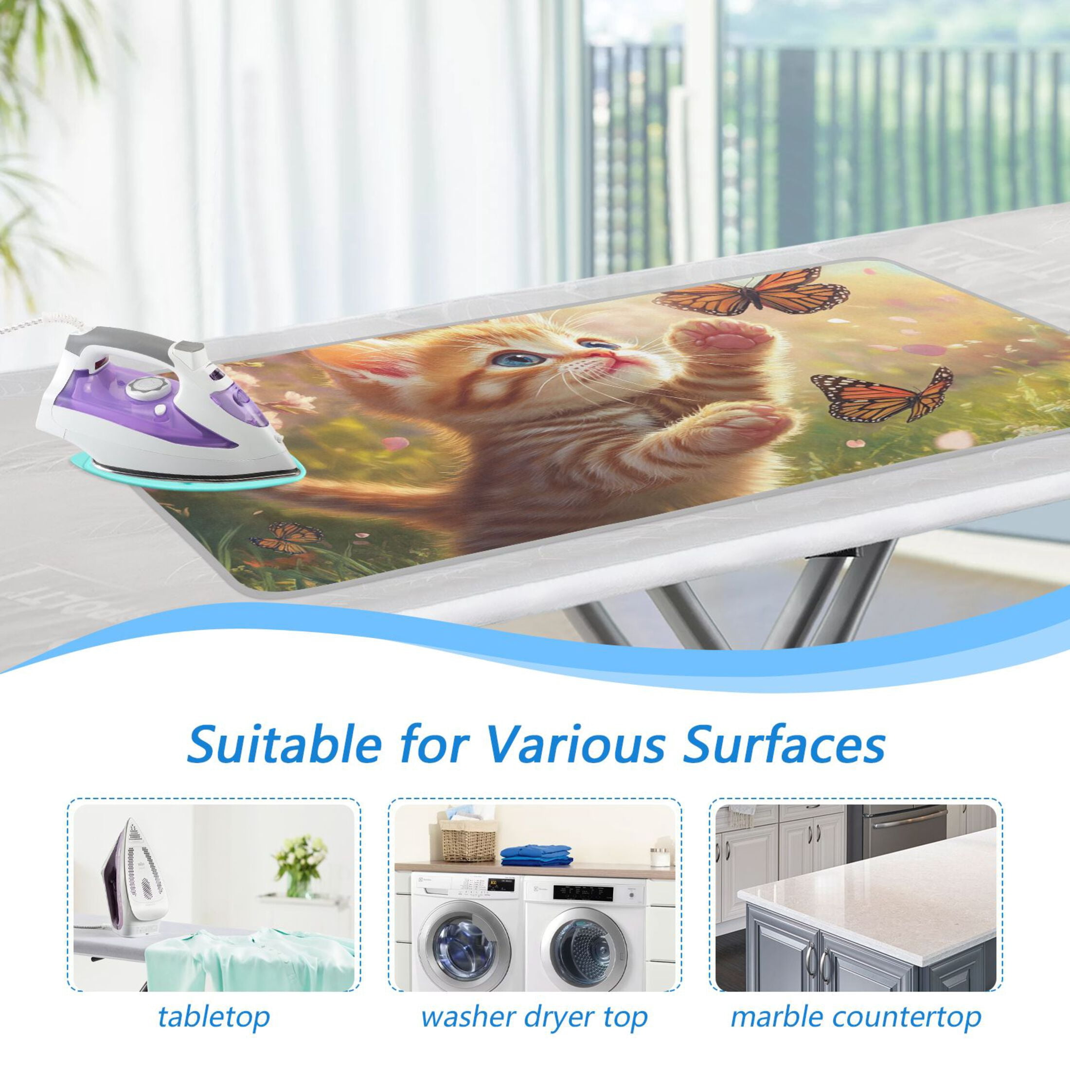 Cute Cat Playing with Butterflies Ironing Mat Blanket Portable Travel Ironing Pad Heat Resistant Pad 47.2" x 27.6”