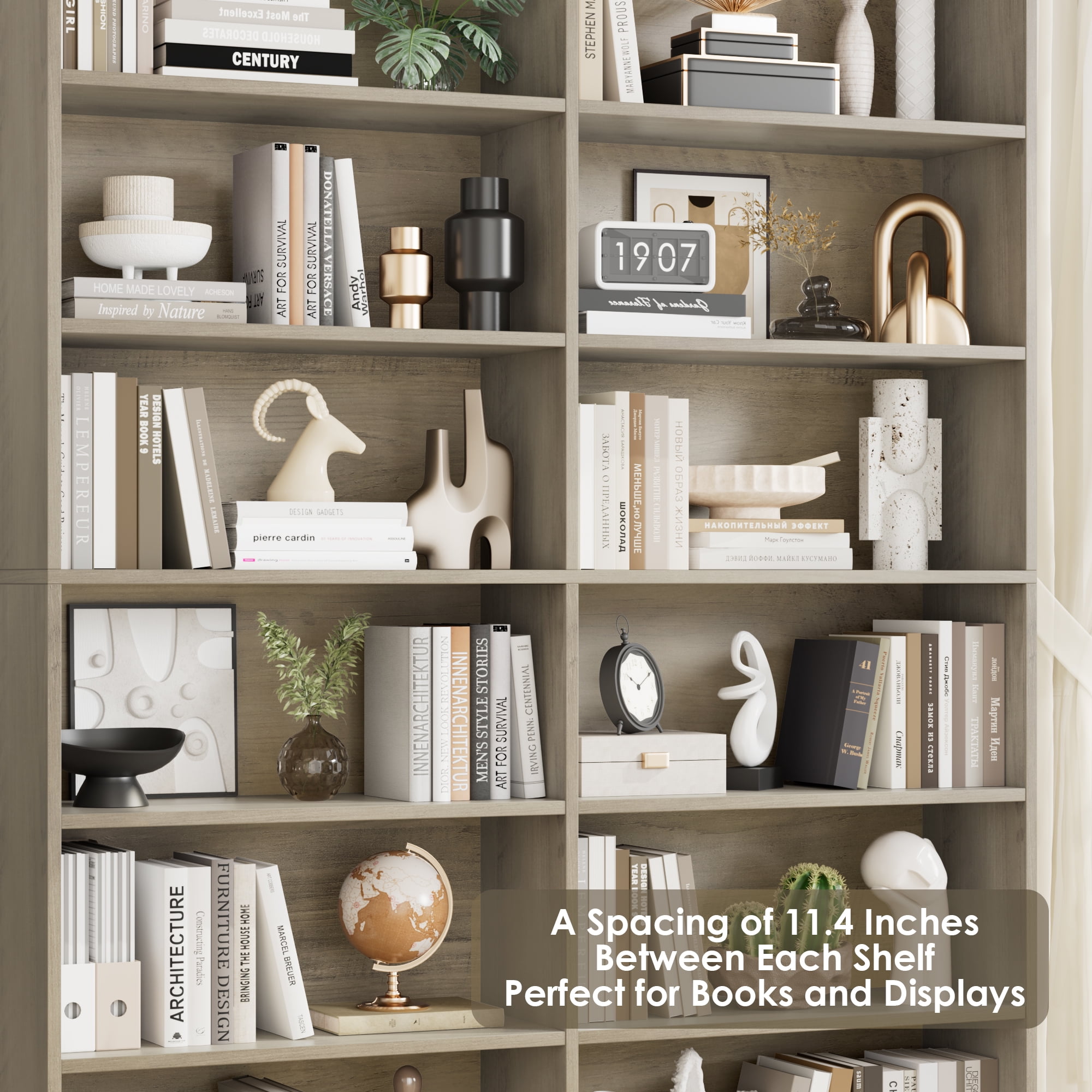 Homfa 74.3” Double Wide 6-Tier Bookcase, Extra Large Wooden Freestanding Display Bookshelf for Home Office Living Room, Gray
