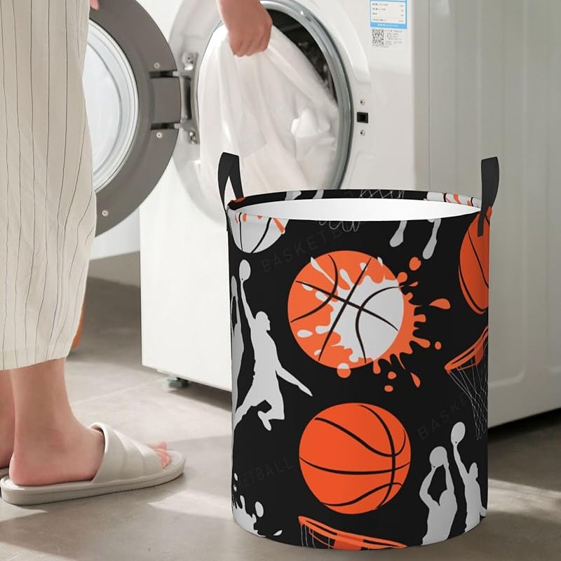 Basketball Sport Theme Laundry Hamper Bag With Waterproof Liner - Round Laundry Basket Foldable Clothes Storage Organizer For Bathroom Bedroom Nursery Dorm