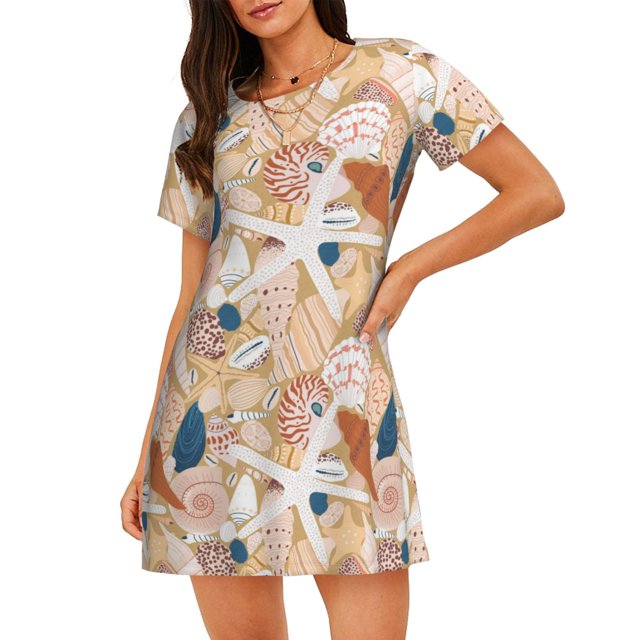 Balery Tropical Beach Sea Shell Camisón de manga corta con cuello redondo para mujer, cómodo y elegante.