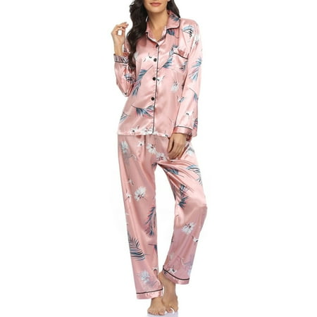 

Women Pajamas Set Long Sleeve Soft Satin Notched Collar Button Down Pjs Sleepwear