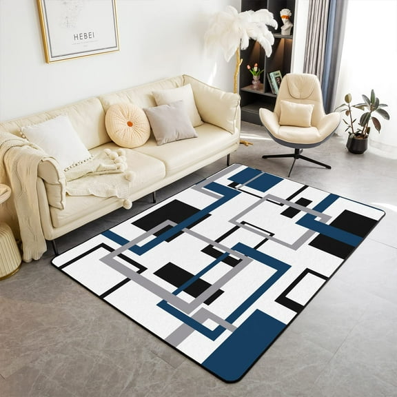 Area Rug For Living Room,Black And Grey White Navy Blue Rug Washable,Geometric Carpet,Fashion 3D Grid Striped Decorative Accent Rugs For Dining Room