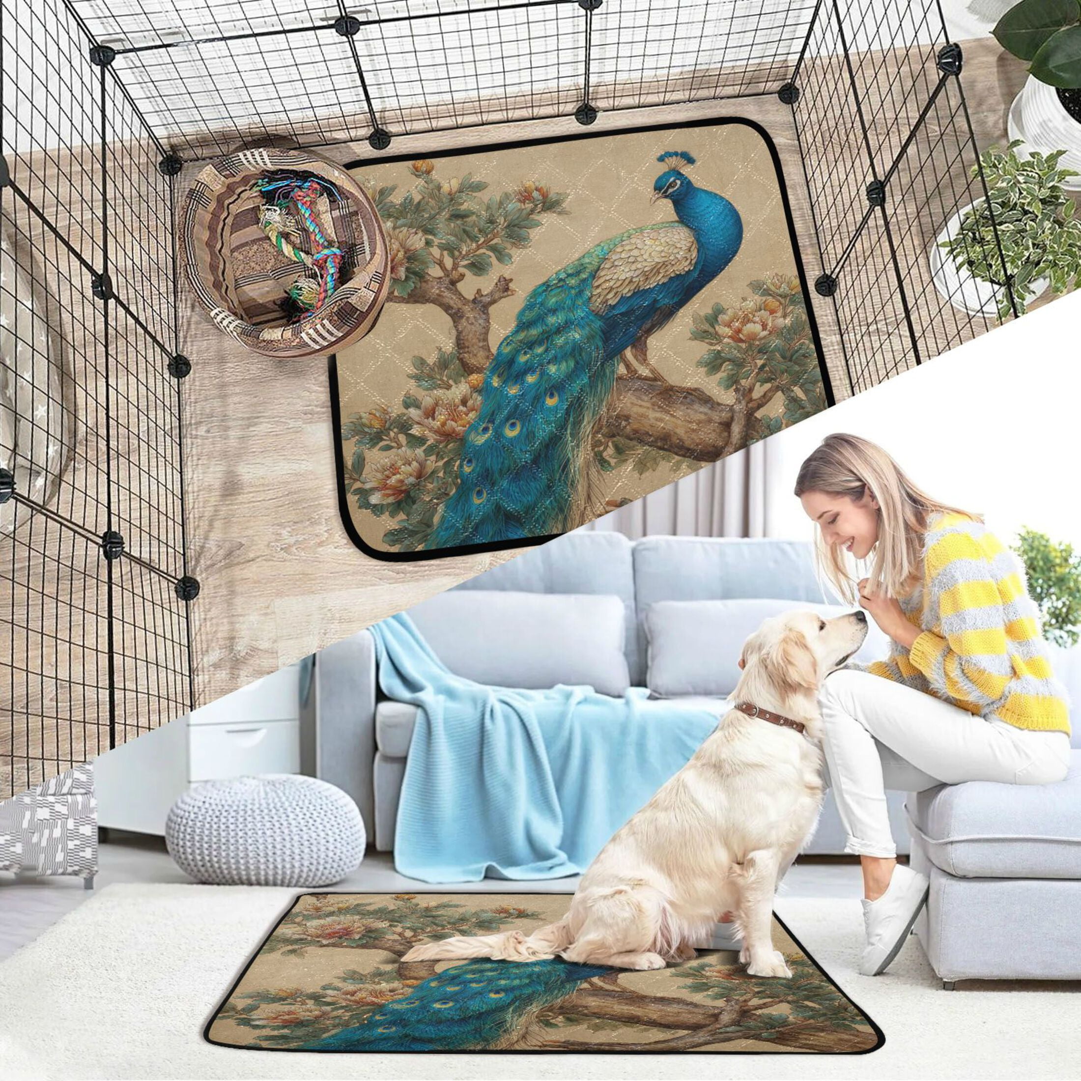Qxltty Elegent Peacock Cat litter Pads Pet Set of 3 Diaper Mats Center Anti-leakage Layer Absorbent Soft and Comfortable