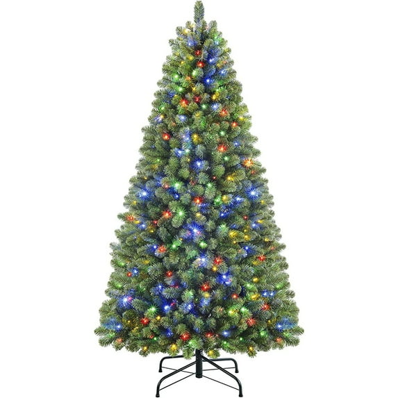 6 Ft Hinged Artificial Green Tree w/ 1000 PVC Branch Tips, 300 Multicolored Lights, 8 Light Sequences, Foldable Metal Base, for Indoor Outdoor Decorations