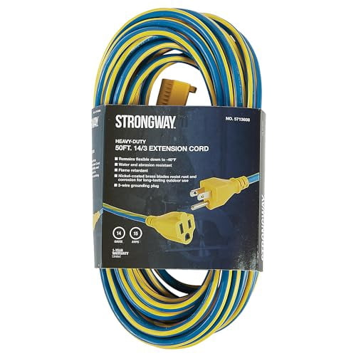 Strongway Outdoor Extension Cord, 50ft., 14/3 Ga. 15 Amps, Blue, Yellow