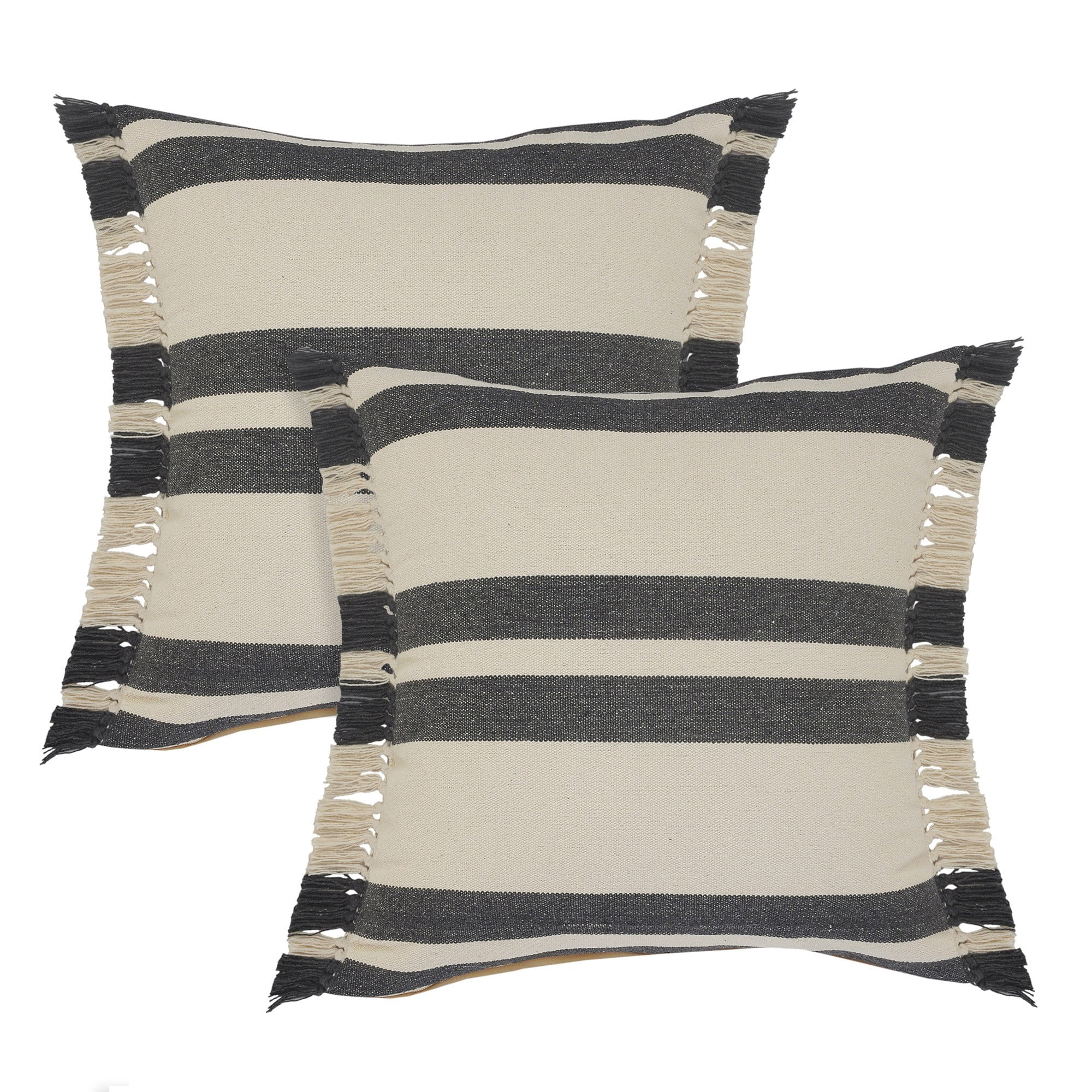 Laddha Home Designs Loomed Double Striped Fringed Throw Pillow - 20" - Cream and Gray