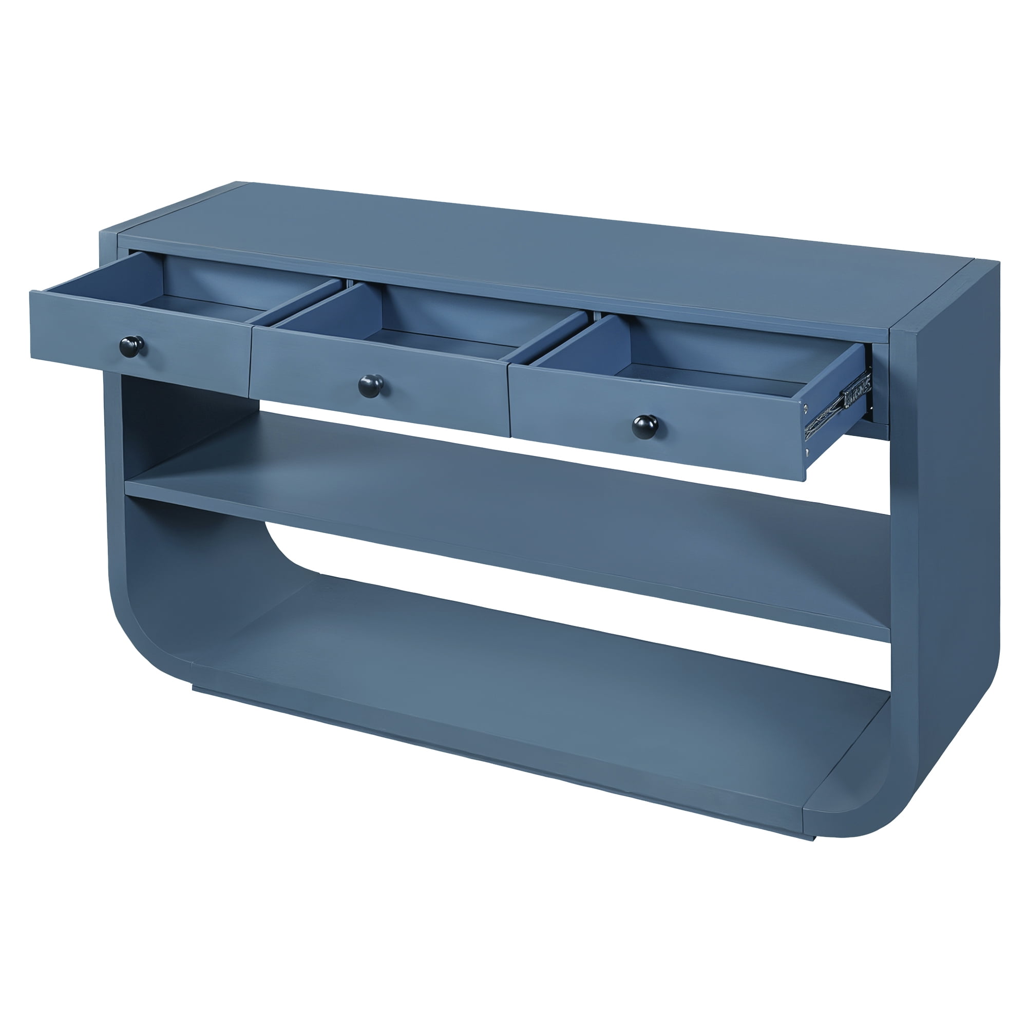 Euroco 55 Inch Curved Console Table with 3 Soft-Close Drawers, 3-Tier Entryway Table with 2 Storage Open Shelves,Wood Narrow Long Sofa Table for Living Room, Hallway, Foyer,Blue