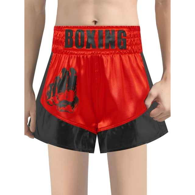 Aislor Unisex Kids Satin Boxing Shorts Metallic Color Block Kickboxing Muay Thai Training Carnivals Trunks Red&Black 10