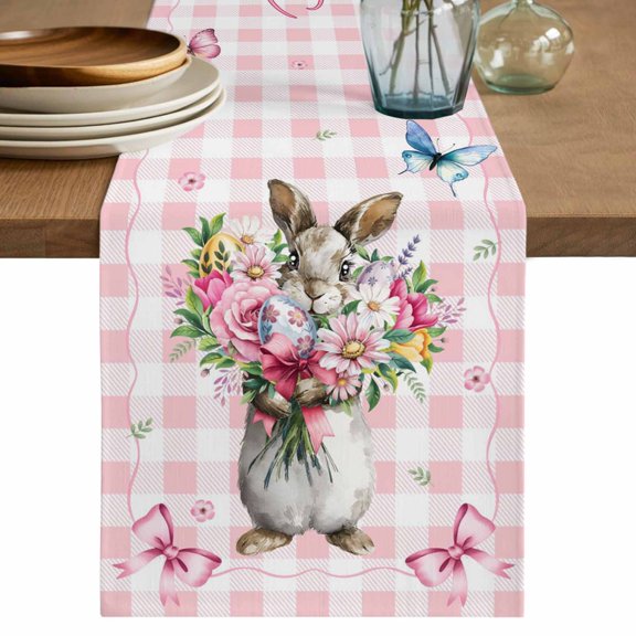 Table Runner 120 Inches Long for Kitchen Dining, Easter Bunny Dresser Scarf Farmhouse, Dining Table Decorations for Wedding/Parties, Cute Rabbits Spring Daisy Flowers Pink Plaid 13 x 120 In