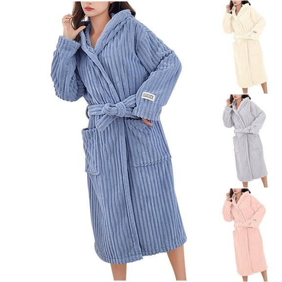 Xuniizn Womens Robes Plush Fleece Hooded Bathrobe Warm Cozy Thick Nightgown with Pockets Fluffy Sleepwear Bandage Bath Robe with Pockets Solid Color
