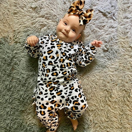 

New Fall Faves Juebong Infant Baby Boys&Girls Leopard Print Ruffles Romper Jumpsuit Hairband Outfits Multicolor 70