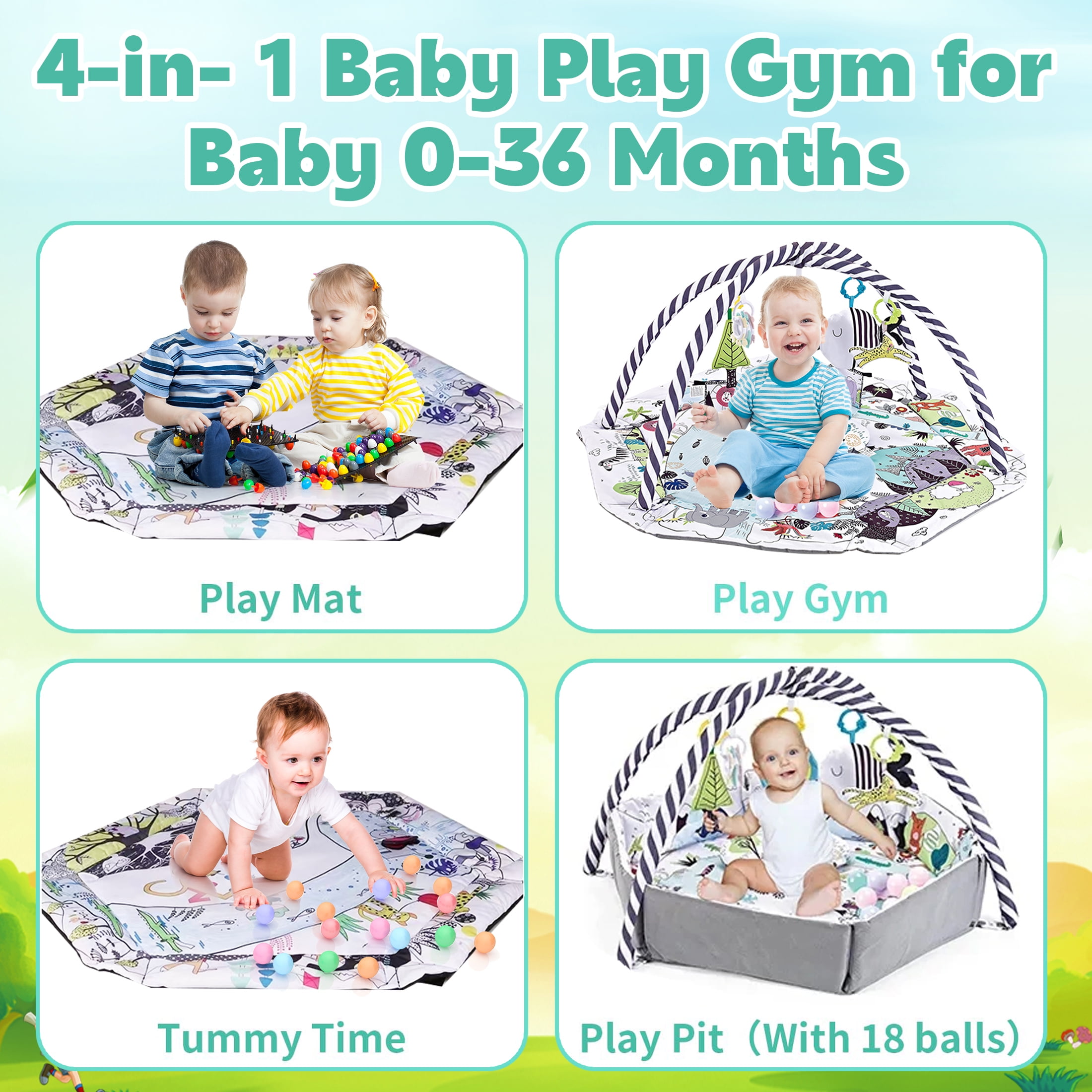 Baby Play Gym and Activity Mat - 4-in-1 Tummy Time Gym with Sensory Toys for Infants & Toddlers, White