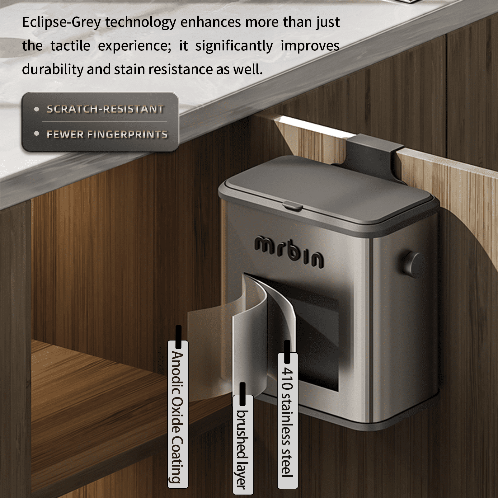 Mrbin Stainless Steel Compost Bin Hanging Trash Can for Kitchen Cabinet Door, 1.5gal / 6L Indoor Recycle Basket Countertop Food Waste Bin Under Sink with Inner Bucket Recycle Bin