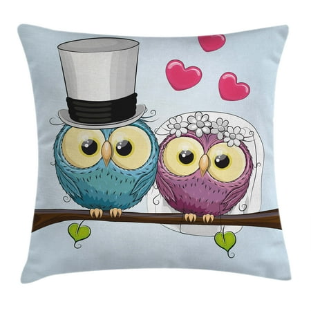 Owl Decorations For Home Wedding Decorations Throw Pillow Cushion Cover, Two Cartoon Style Cute Funny Owls Husband Wife Bride and Groom, Decorative Square Accent Pillow Case, 16 X 16 Inches, Purple Blue Pink, by Ambesonne ()