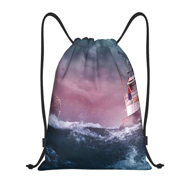 Fotbe Boat Lighthouse Storm Waves Bolsa Mochila con Cordón Estampada, Bolsa de Gimnasio Deportiva, Bolsa Cinch, Bolsa con Cordón para Hombres y Mujeres-Small