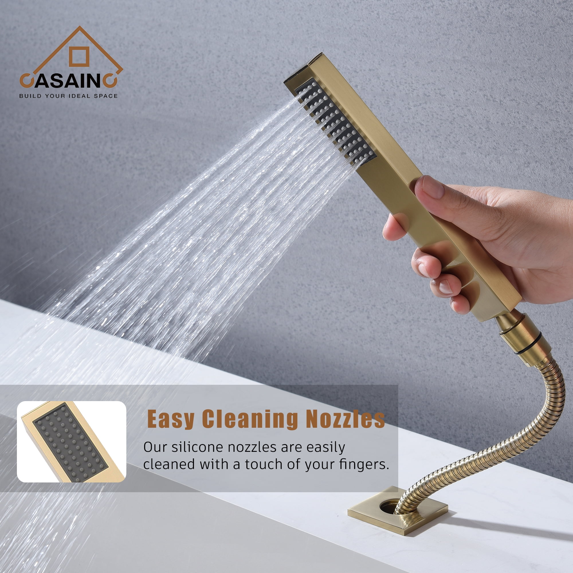 Boyel Living 5-Hole Deck Mounted Bathtub Faucet Bathroom Roman Tub Faucet with Hand-Held Shower Sprayer Brushed Gold