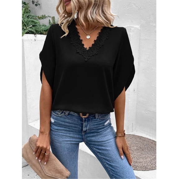 Women's Short Sleeve V-Neck Flare Sleeve Solid Casual Blouse for Spring Summer