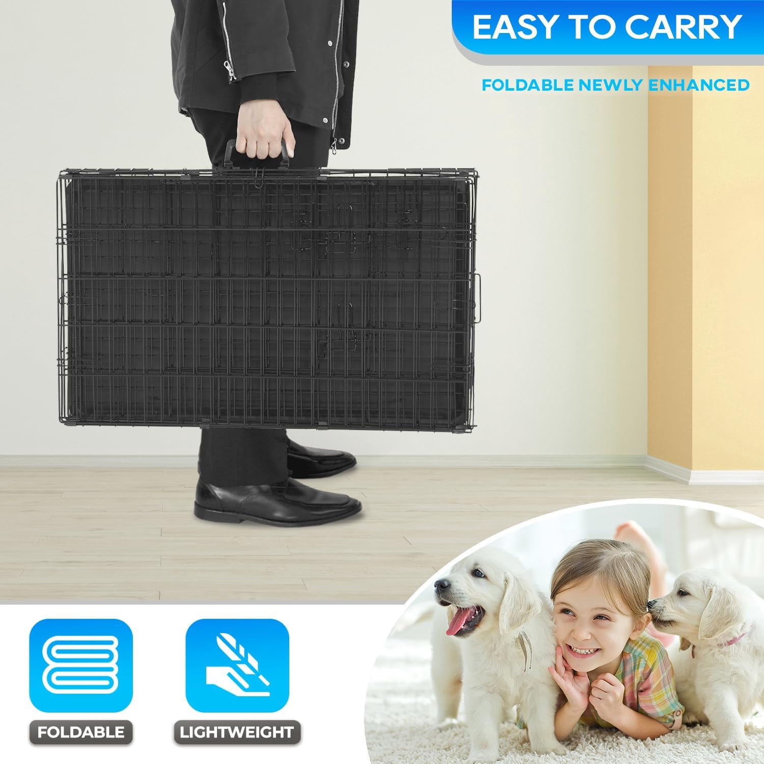FDW 18 inch Foldable Metal Dog Crate for Small Dogs, Double Door, Divider, Removable Tray(Black)