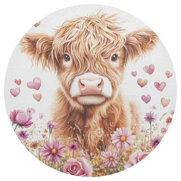 Highland Cow Roses Hearts Valentine PVC Round Grid Placemat Table Mat 1 Pc 15.4" x 15.4"