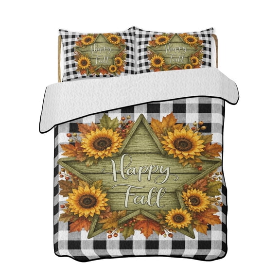 Happy Fall Quilts Bedding Set Queen Size Thanksgiving Green Wooden Star Sunflower Leaf Black Plaid Lightweight Quilted Bedspread 3 Piece Bed Quilt with 2 Pillow Shams All Season for Bedroom 78" x 90"