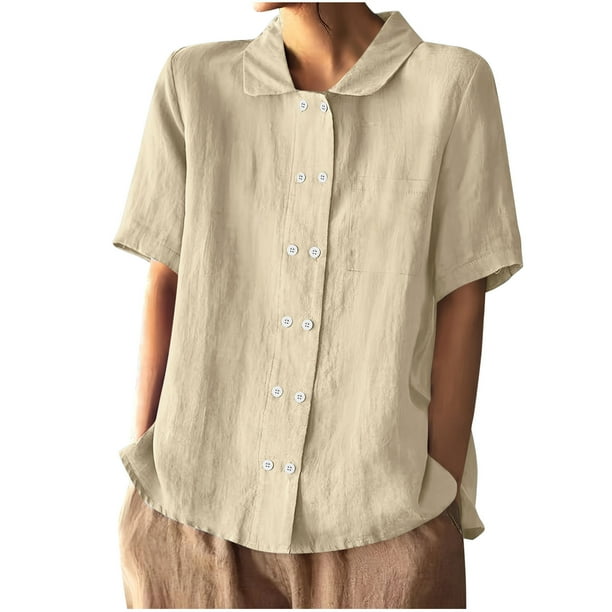 Vestidos Casuales Para Mujer, Blusas De Mujer De Moda Blusa de manga corta con cuello abierto y doble botonadura para mujer